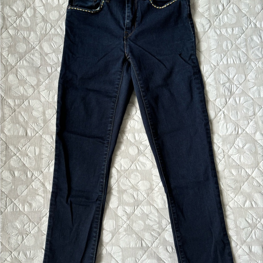 Levi Strauss dark wash high waisted straight leg hand embroidered jeans. Size 4.